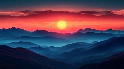 Obraz premium Layered mountain silhouettes fading into the distance with warm golden hour light 