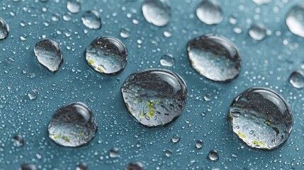 Close-up of clear water droplets on a blue surface, creating a beautiful pattern