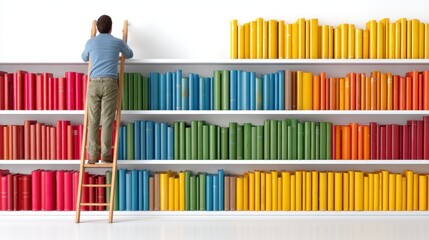 Man arranging books on a colorful bookshelf 