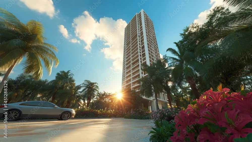 Aufkleber towering skyscraper amidst lush tropical greenery with a generic car parked in front under a vibrant
