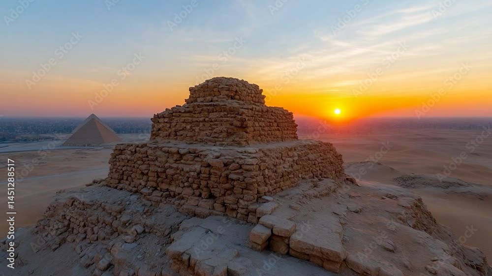 Poster generic scene of a pyramid and desert landscape at sunset with warm colors in the background