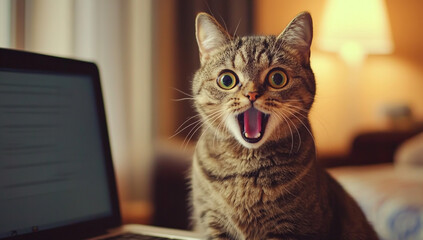 Realistic photograph of a happy cat using a laptop in a home office, with a surprised facial expression and looking at the screen
