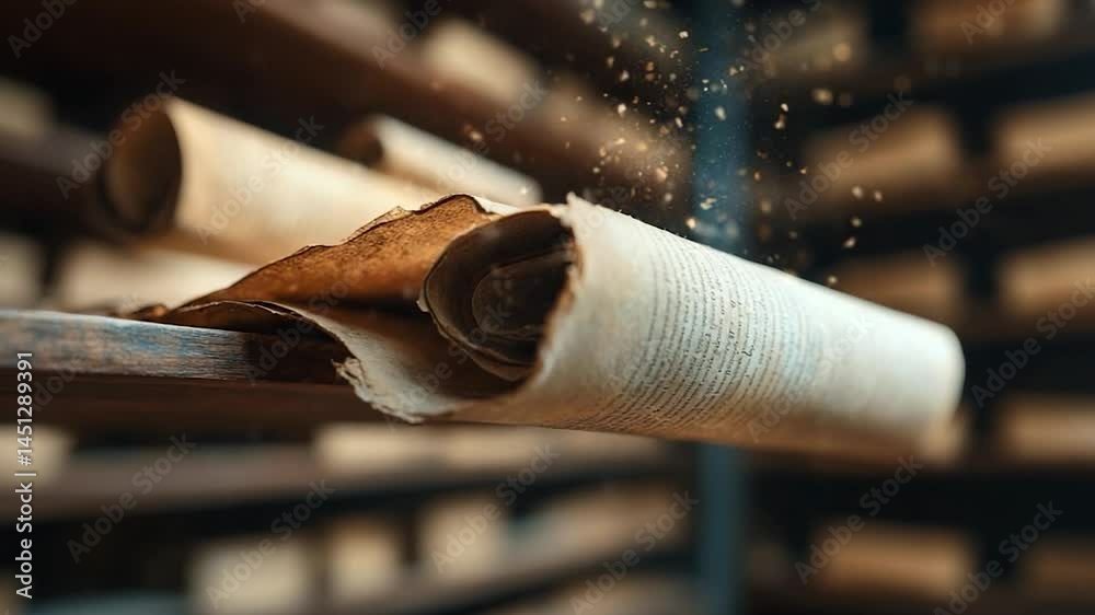 Poster Close-up of aged parchment scrolls on wooden shelf with falling particles and depth of field effect. Historical concept of archives, knowledge, and research