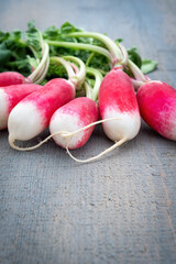 Fresh Radishes with Green Tops on Rustic Wooden Table, Natural Light Photography, Organic Vegetables