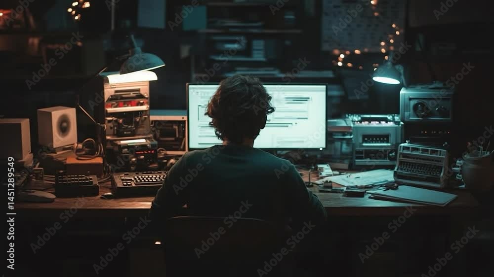 Leinwandbilder a person at a desk in a dimly lit room surrounded by equipment is focused on a computer screen. the 
