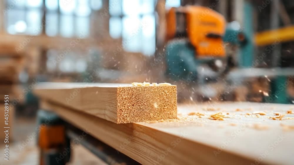 Aufkleber close-up view of woodworking in progress sawdust from cutting wood process light from blurred backgr