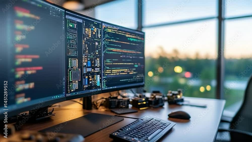 Aufkleber Office workstation scene featuring triple computer screens displaying code and circuits. A keyboard and mouse sit on the desk with blurred green trees outside the window