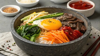 Bibimbap is rice with beef and egg in a round stone bowl