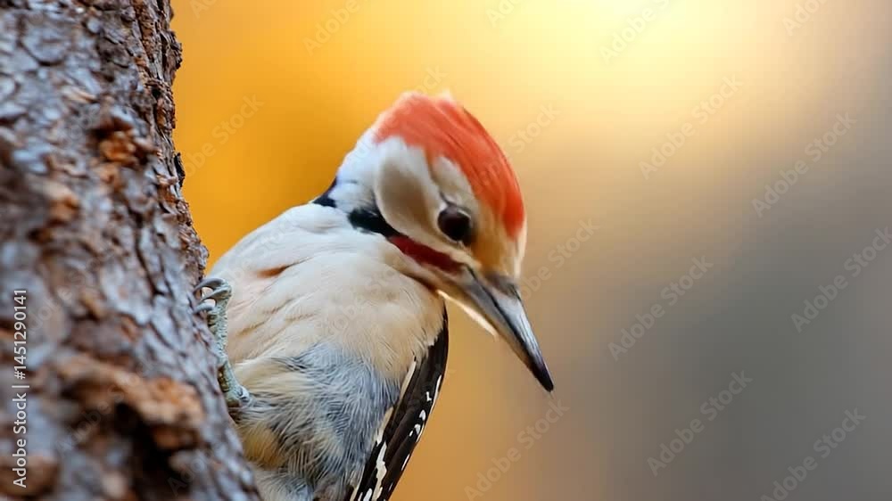 Poster close-up of a bird perched on a tree trunk. the bird is colorful with red, white, and black feathers