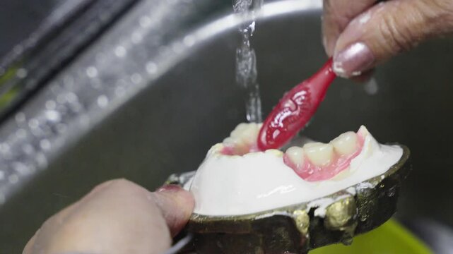Close-up of a technician using a toothbrush to clean a partial denture inside a plaster mold under a stream of water.