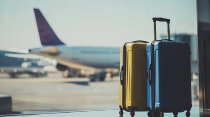 Two suitcases in an airport departure lounge with an airplane in the blurred background, summer vacation concept, traveler luggage waiting in airport terminal for upcoming flight
