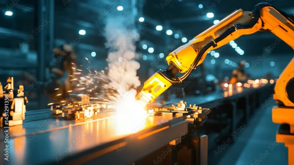 Aufkleber robotic arm welding metal components in an industrial setting sparking and emitting smoke with a blu