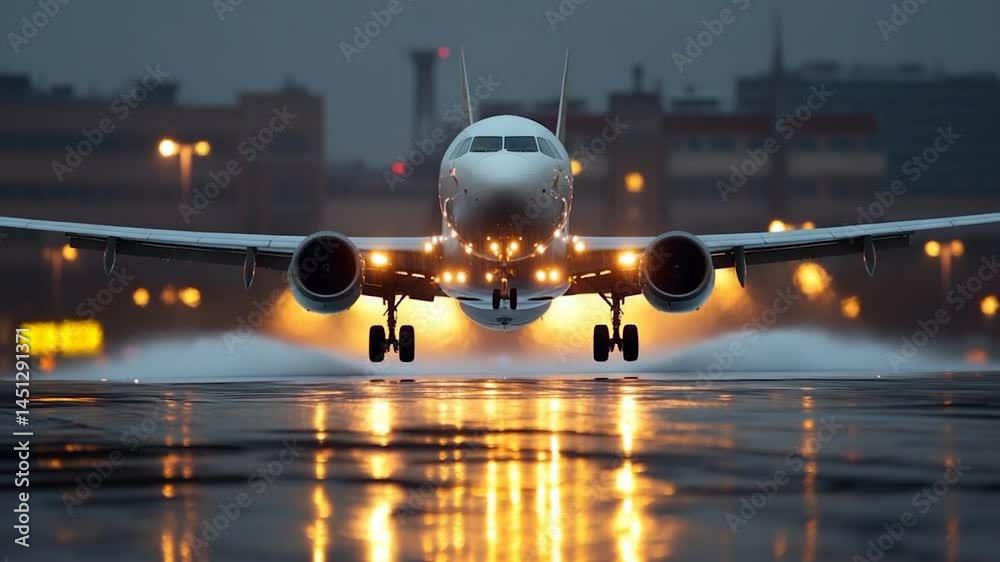 Poster Airplane landing on wet runway at dusk with illuminated lights and reflections. Focus on the plane's front and its lights, capturing the atmosphere