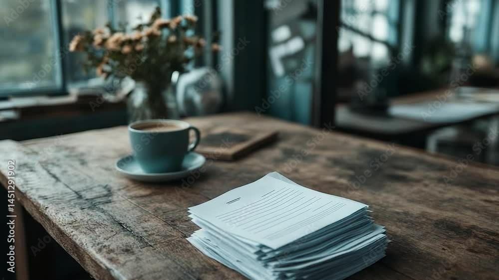 Poster A tranquil scene showcasing a rustic wooden table a stack of papers a coffee cup and flowers near a window in a softly lit room