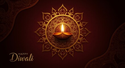 Elegant Diwali greeting card with golden diya and ornate floral mandala