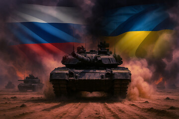 Tanks Between Russia and Ukraine Flags