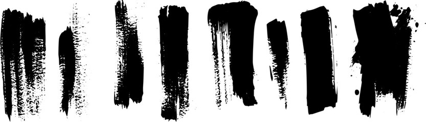 Grunge Black Paint Brush Stroke Vector Set, Textured Ink Stroke Elements for Design and Overlay Effects