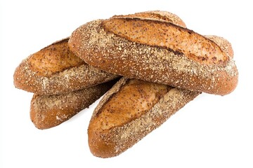 Freshly baked whole grain bread rolls stacked on a white background ready for serving
