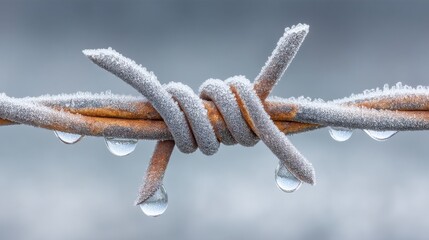 Close-up of frosted barbed wire with water droplets against a blurred background.