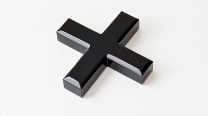 Obraz premium A high-resolution image showcases a glossy black three-dimensional plus sign isolated on a clean white background perfect for various design projects needing a simple yet striking