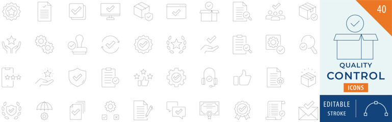 Quality control icon collection set. Containing analysis, evaluate, process, result, costumer, and more. Editable Stroke.