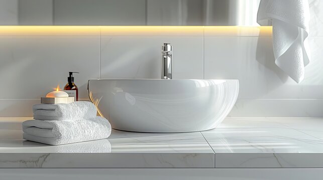 Modern minimalist bathroom with a sleek white vessel sink on a marble countertop, illuminated by warm ambient lighting, featu neatly folded towels and toiletries