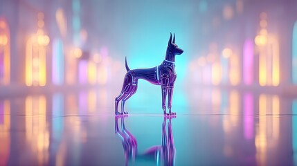 A metallic, futuristic dog stands on a reflective surface amid colorful, neon lights in a digital, dreamy environment.
