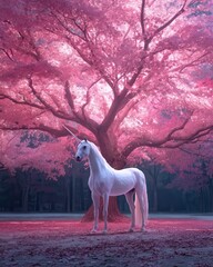 A mystical white unicorn stands beneath a vibrant pink tree in an enchanting, dreamlike forest.