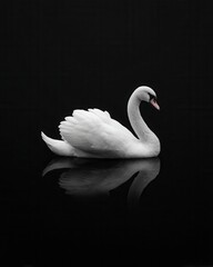 Obraz premium A graceful white swan glides on still water, perfectly reflected against a black background.