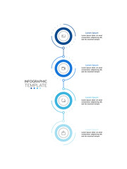 Infographic template displaying four vertical, connected circles with icons and text areas. The circles transition in color from dark blue to light blue. Vector illustration.
