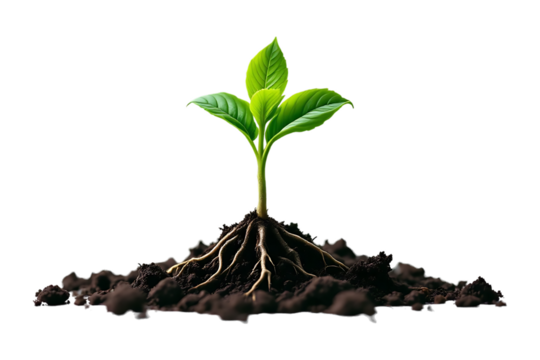 A young green plant sprouting from rich soil, isolated on a white or transparent PNG background.