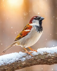 Obraz premium A small sparrow perched on a snowy branch with a warm, softly glowing background and gentle falling snow.