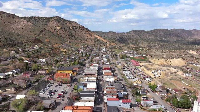 Virginia City Nevada - High Aerial Flyover over C Street on Spring Day