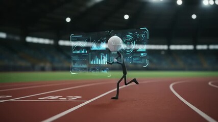 A stick figure athlete running on a track with digital data overlays in a stadium setting - Powered by Adobe