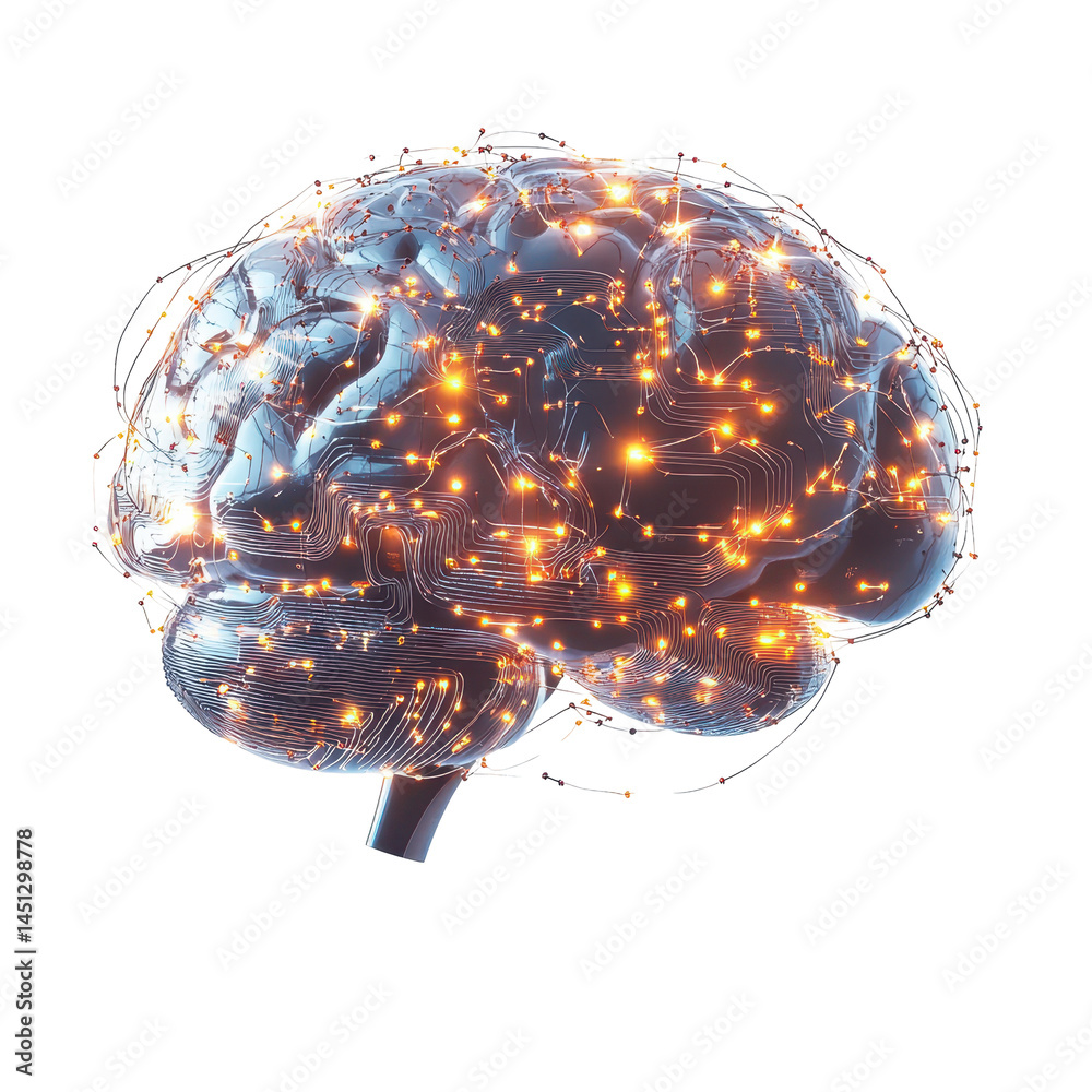 Poster an ai brain made of glowing wires and circuits, with streams of data flowing through it. isolated on
