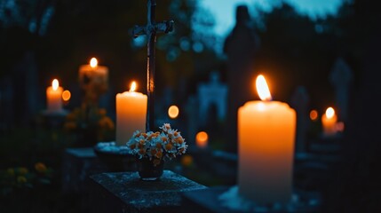 Illuminating Remembrance: Candles and Cross at Dusk in a Serene Cemetery