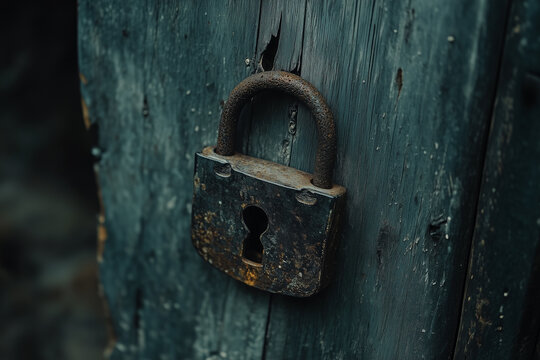 close-up photo of rusty antique padlock on weathered wooden door