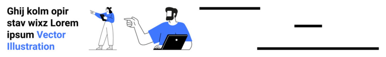 Male character using a laptop and gesturing for collaboration, exemplifying teamwork and digital communication. Ideal for tech, remote work, coaching, teamwork, communication, IT, flat landing page