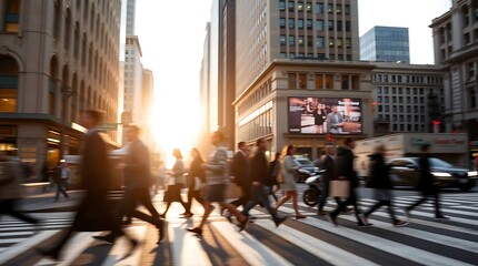 Obraz premium Blurred motion of people crossing a busy downtown crosswalk during rush hour