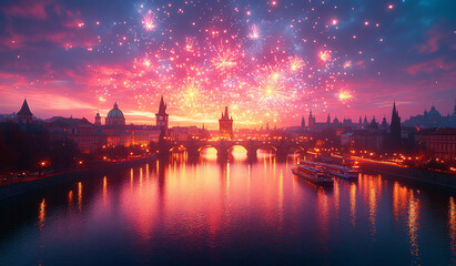 Naklejka premium Prague at dusk aerial featuring Charles Bridge. Renaissance & Baroque architecture on Vltava River, golden light, blue sky. Ideal for travel, history, or cityscape visuals.