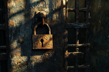 a very old, weathered padlock on a rusty iron gate