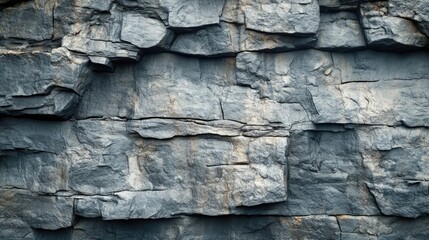 Fototapeta premium Gray rock face texture displays layered formations.
