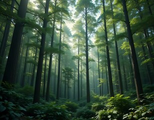 Obraz premium Sunlight filters through a lush, dense forest with tall trees creating a serene and ethereal scene.