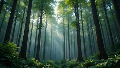 Obraz premium Misty sunlight filters through a dense forest of tall trees and lush green ferns on the ground.