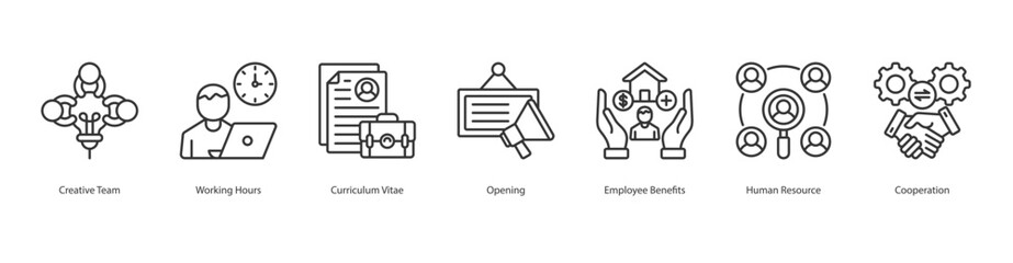 Human Resource Management icon sheet vector creative team, working hours, curriculum vitae, opening, employee benefits, human resource, cooperation