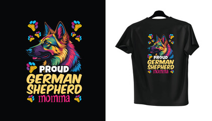 T-shirt design with colorful German Shepherd dog
