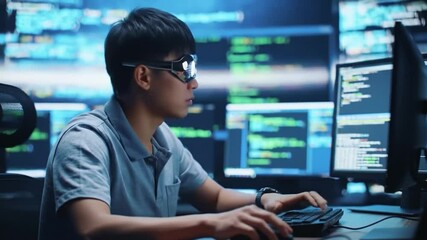 Young programmer coding in a dark tech environment with futuristic glasses - Powered by Adobe