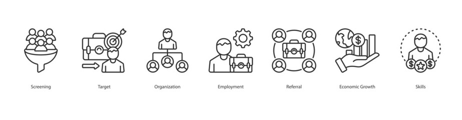 Talent Acquisition icon sheet vector screening, target, organization, employment, referral, economic growth, skills