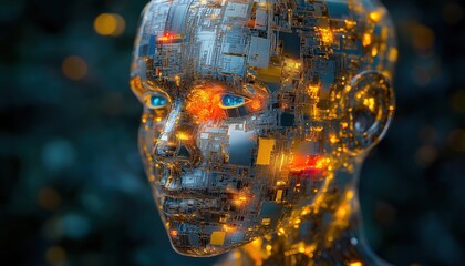 Futuristic AI Robot Head with Glowing Circuitry and Digital Lights