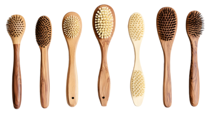 A collection of wooden hairbrushes displayed in a row, showcasing various designs and textures, ideal for beauty and grooming themes